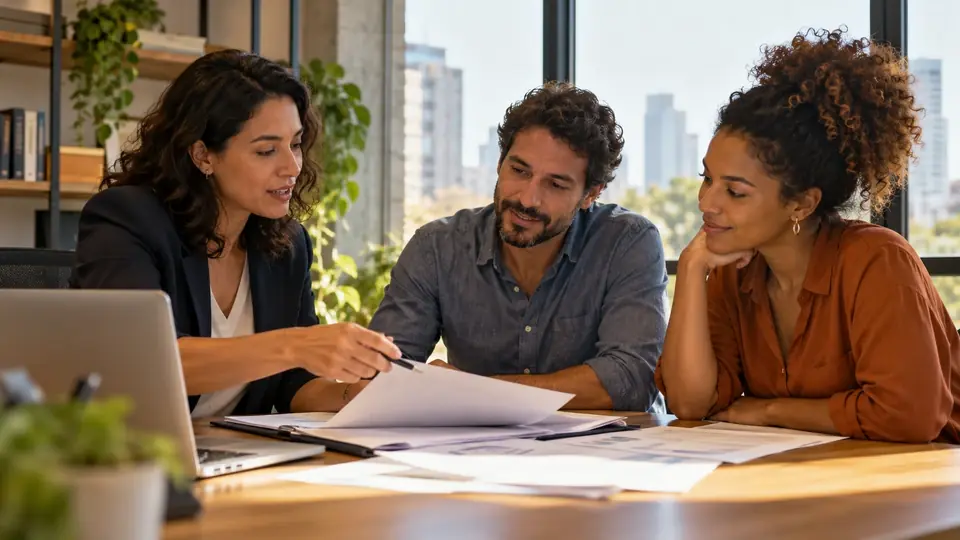 Consultor confere documentos da empresa com os sócios antes de enviar a proposta
