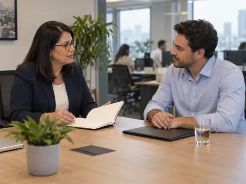 Gestora de RH revisa com o consultor o plano de saúde de uma empresa de 60 funcionários