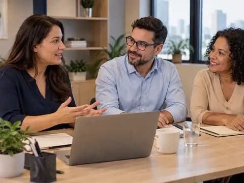 Equipe de uma pequena empresa sorri durante reunião sobre o plano odontológico