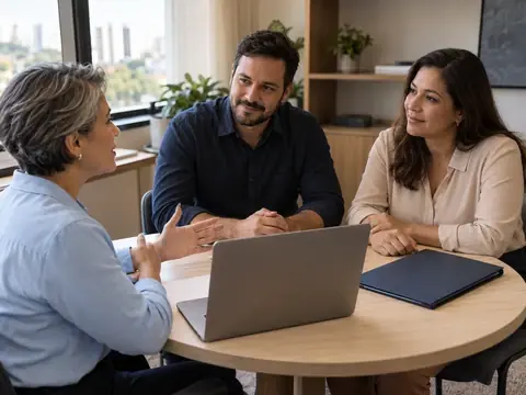 Consultor da RE9LIFE compara opções de plano de saúde PME com os sócios de uma pequena empresa