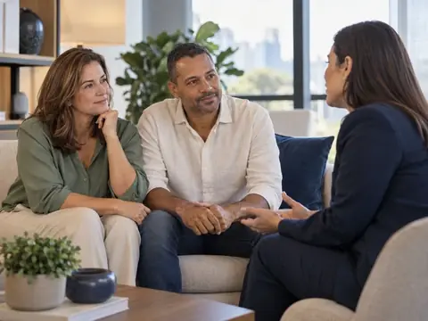 Família conversa com consultor sobre um plano de saúde com acesso a hospital de referência