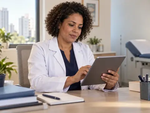 Médica em seu consultório avalia opções de plano de saúde pelo CNPJ