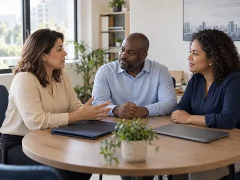 Consultor da RE9LIFE compara opções de plano de saúde PME com os sócios de uma pequena empresa