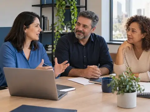 Equipe de uma empresa sorri durante reunião sobre o plano odontológico
