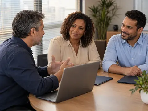 Consultor da RE9LIFE compara opções de plano de saúde PME com os sócios de uma pequena empresa