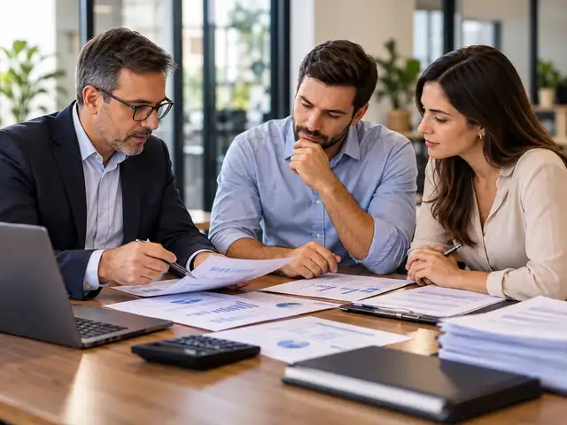 Consultor confere documentos da empresa com os sócios antes de enviar a proposta
