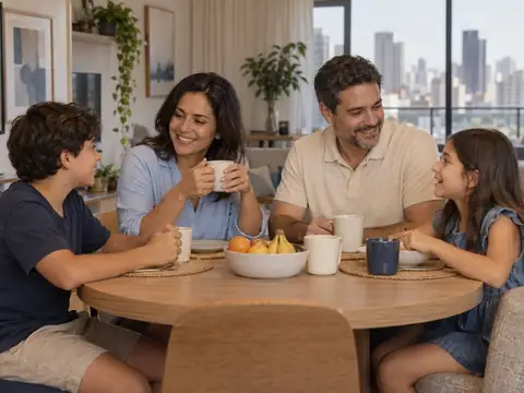 Casal de sócios e os dois filhos em casa, cobertos pelo plano de saúde da empresa
