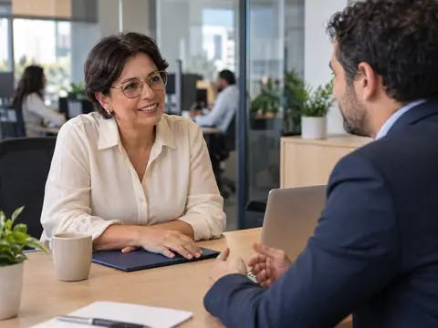 Gestora de RH revisa com o consultor o plano de saúde de uma empresa de 60 funcionários