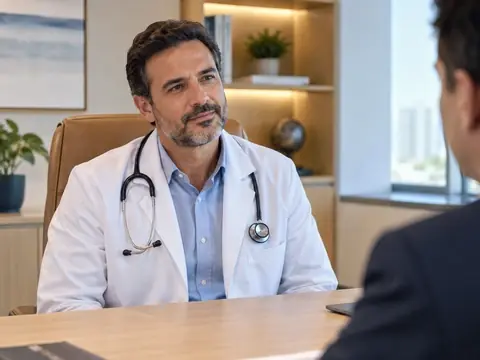Médico em seu consultório avalia opções de plano de saúde pelo CNPJ da clínica