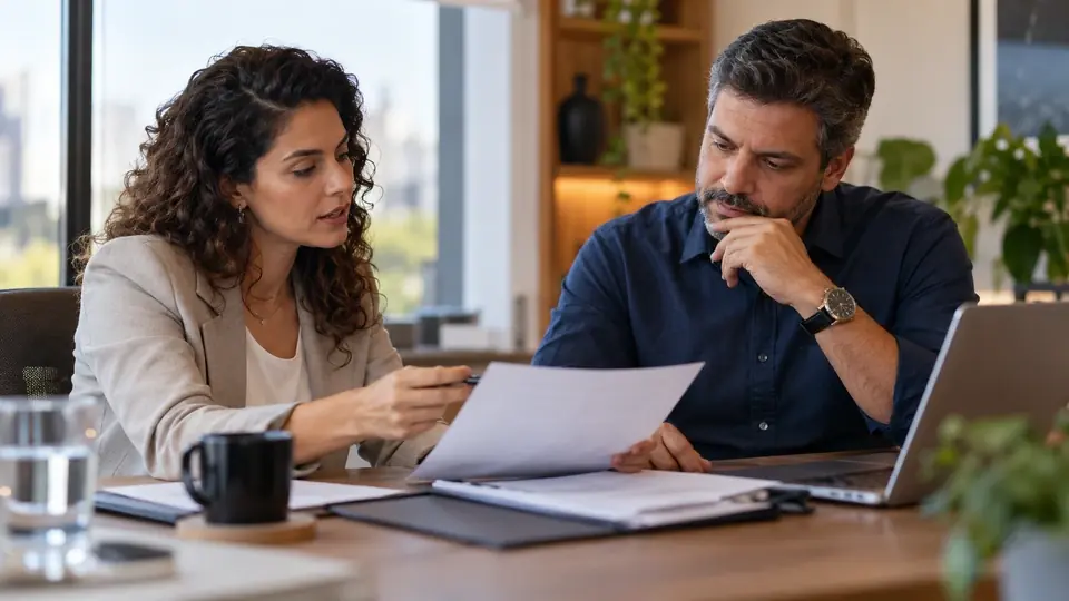 Consultor da RE9LIFE analisa a carta de reajuste ao lado do responsável pela empresa