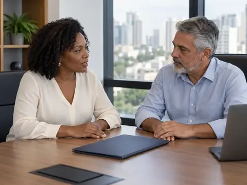 Gestora de RH revisa com o consultor o plano de saúde de uma empresa de 60 funcionários